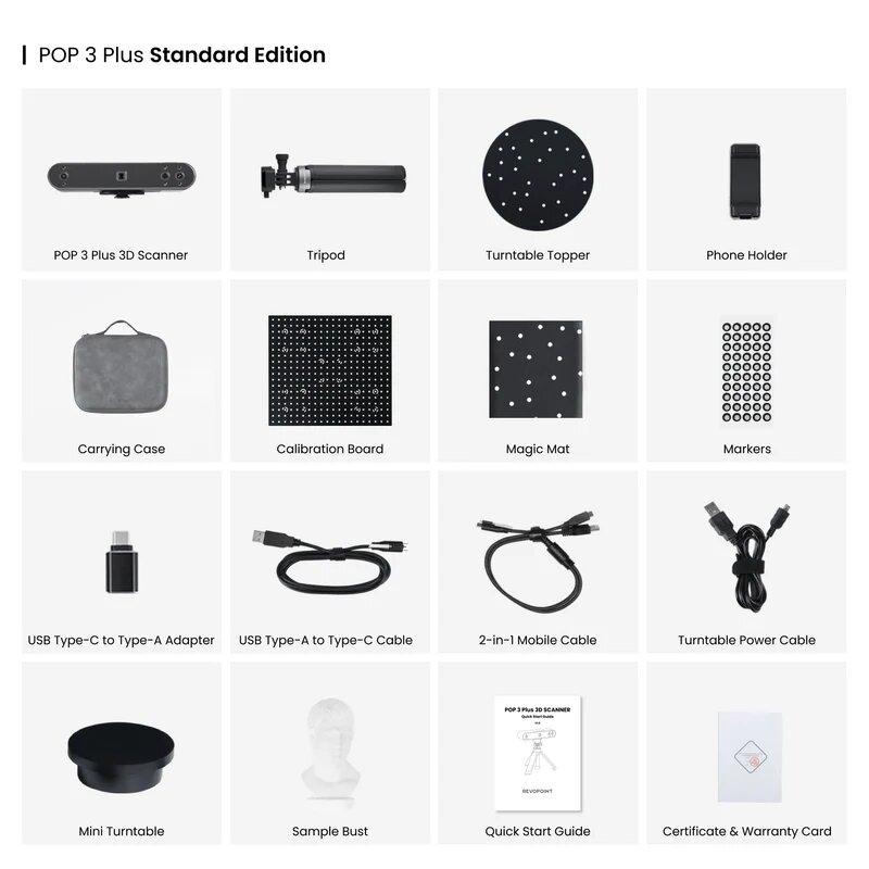 The Standard Edition of the POP 3 Plus includes everything essential to get started, such as the scanner, tripod, turntable, cables, and other accessories to facilitate scanning.